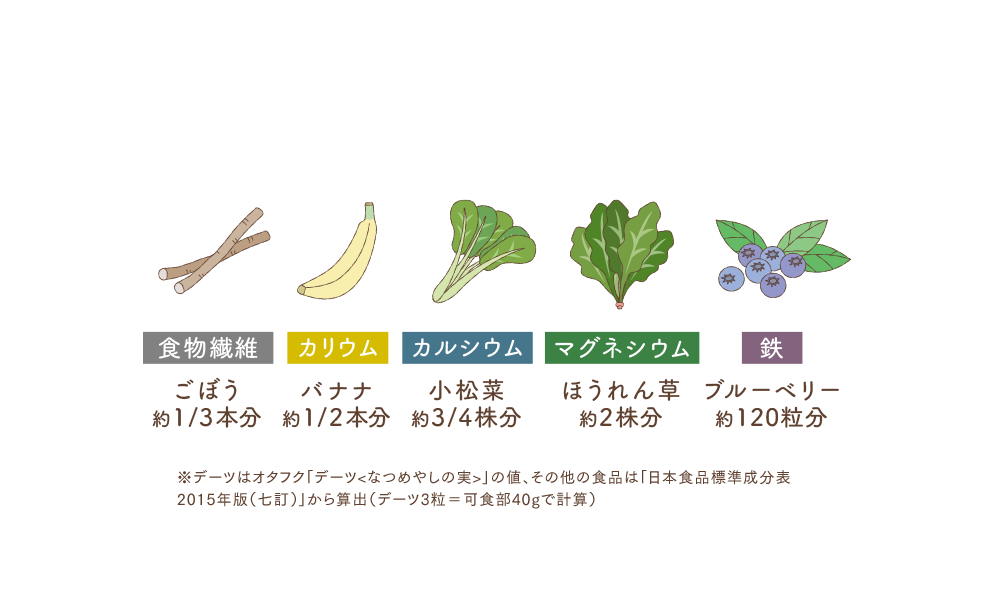 デーツと他の野菜・果物との栄養素含有量の比較図